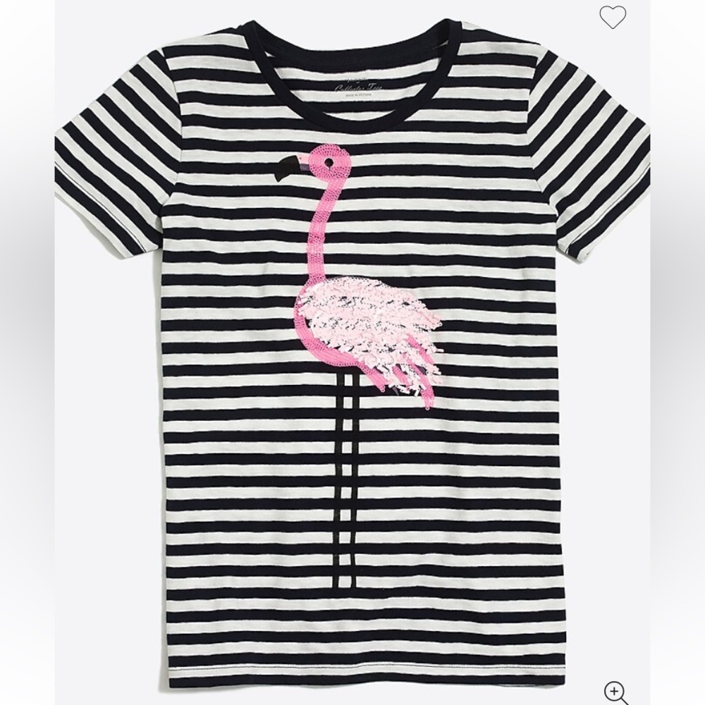 J. Crew Black and White Striped Short Sleeve Tee with Pink Sequin Flamingo